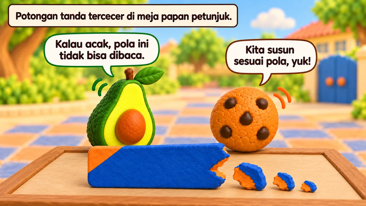 Frame 1 level 3: Potongan tanda tercecer di meja papan petunjuk. Kalau acak, pola ini tidak bisa dibaca. Kita susun sesuai pola, yuk!