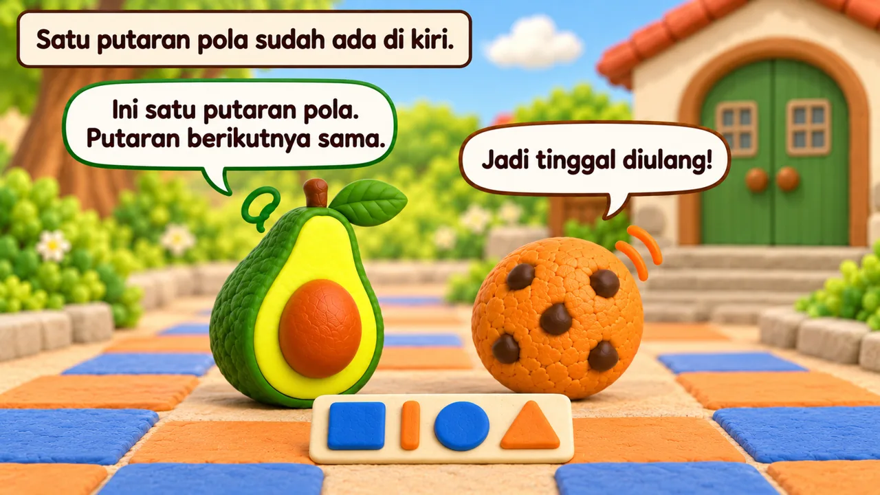 Frame 2 level 3: Satu putaran pola sudah ada di kiri. Ini satu putaran pola. Putaran berikutnya sama. Jadi tinggal diulang!