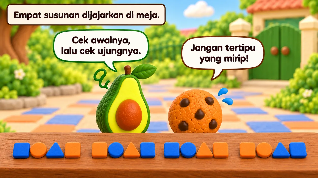 Frame 3 level 3: Empat susunan dijajarkan di meja. Cek awalnya, lalu cek ujungnya. Jangan tertipu yang mirip!