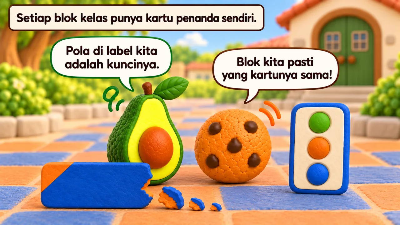 Frame 1 level 4: Setiap blok kelas punya kartu penanda sendiri. Pola di label kita adalah kuncinya. Blok kita pasti yang kartunya sama!