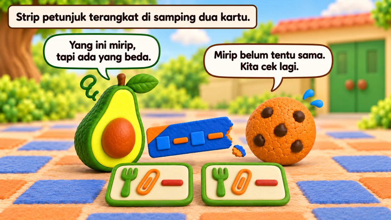 Frame 2 level 4: Strip petunjuk terangkat di samping dua kartu. Yang ini mirip, tapi ada yang beda. Mirip belum tentu sama. Kita cek lagi.