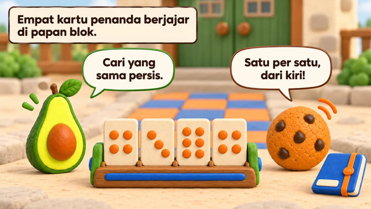 Frame 3 level 4: Empat kartu penanda berjajar di papan blok. Cari yang sama persis. Satu per satu, dari kiri!