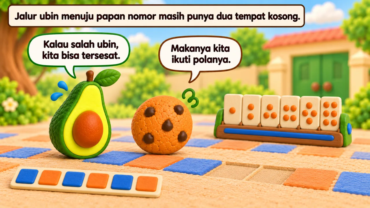 Frame 1 level 5: Jalur ubin menuju papan nomor masih punya dua tempat kosong. Kalau salah ubin, kita bisa tersesat. Makanya kita ikuti polanya.