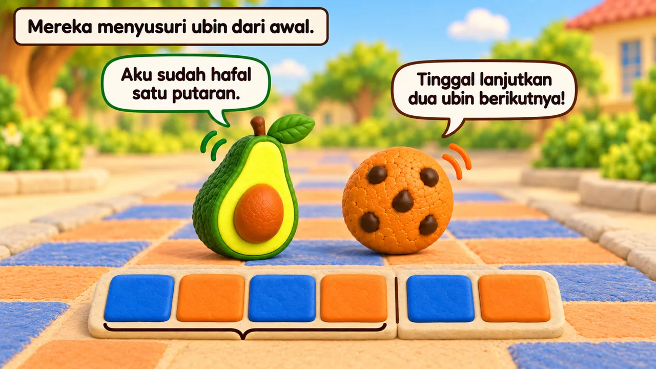 Frame 2 level 5: Mereka menyusuri ubin dari awal. Aku sudah hafal satu putaran. Tinggal lanjutkan dua ubin berikutnya!