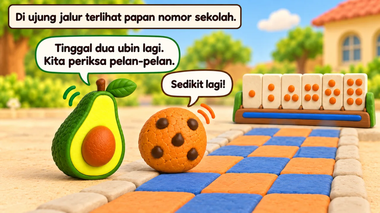 Frame 3 level 5: Di ujung jalur terlihat papan nomor sekolah. Tinggal dua ubin lagi. Kita periksa pelan-pelan. Sedikit lagi!