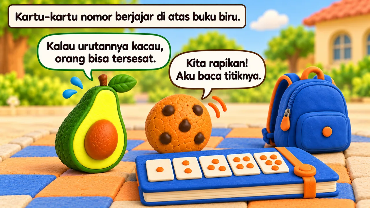 Frame 1 level 1: Kartu-kartu nomor berjajar di atas buku biru. Kalau urutannya kacau, orang bisa tersesat. Kita rapikan! Aku baca titiknya.