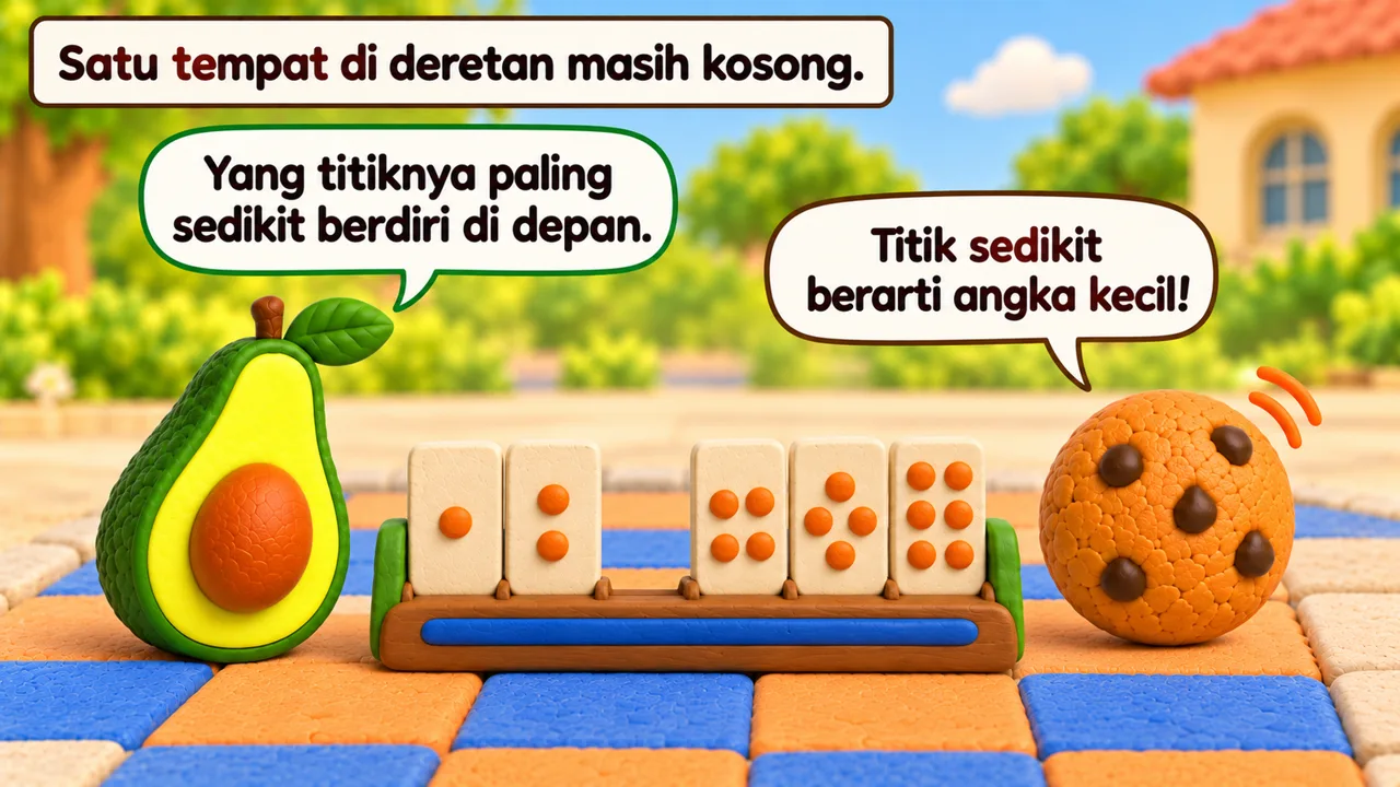 Frame 2 level 1: Satu tempat di deretan masih kosong. Yang titiknya paling sedikit berdiri di depan. Titik sedikit berarti angka kecil!