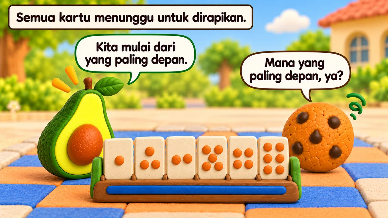 Frame 3 level 1: Semua kartu menunggu untuk dirapikan. Kita mulai dari yang paling depan. Mana yang paling depan, ya?