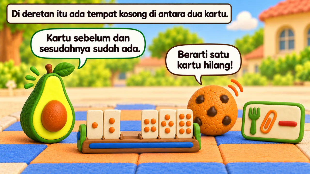 Frame 1 level 2: Di deretan itu ada tempat kosong di antara dua kartu. Kartu sebelum dan sesudahnya sudah ada. Berarti satu kartu hilang!