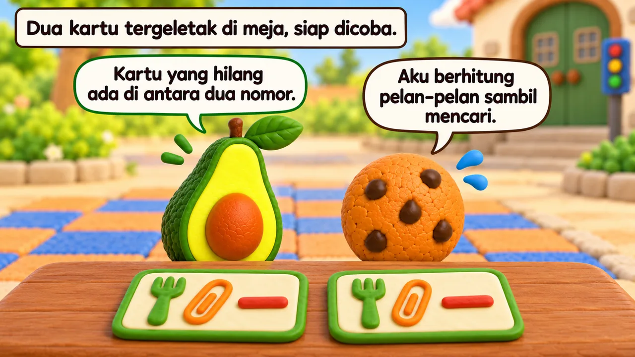 Frame 2 level 2: Dua kartu tergeletak di meja, siap dicoba. Kartu yang hilang ada di antara dua nomor. Aku berhitung pelan-pelan sambil mencari.