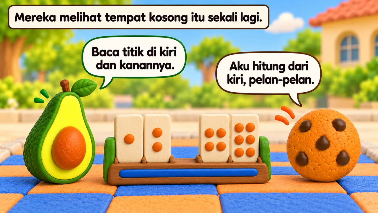 Frame 3 level 2: Mereka melihat tempat kosong itu sekali lagi. Baca titik di kiri dan kanannya. Aku hitung dari kiri, pelan-pelan.