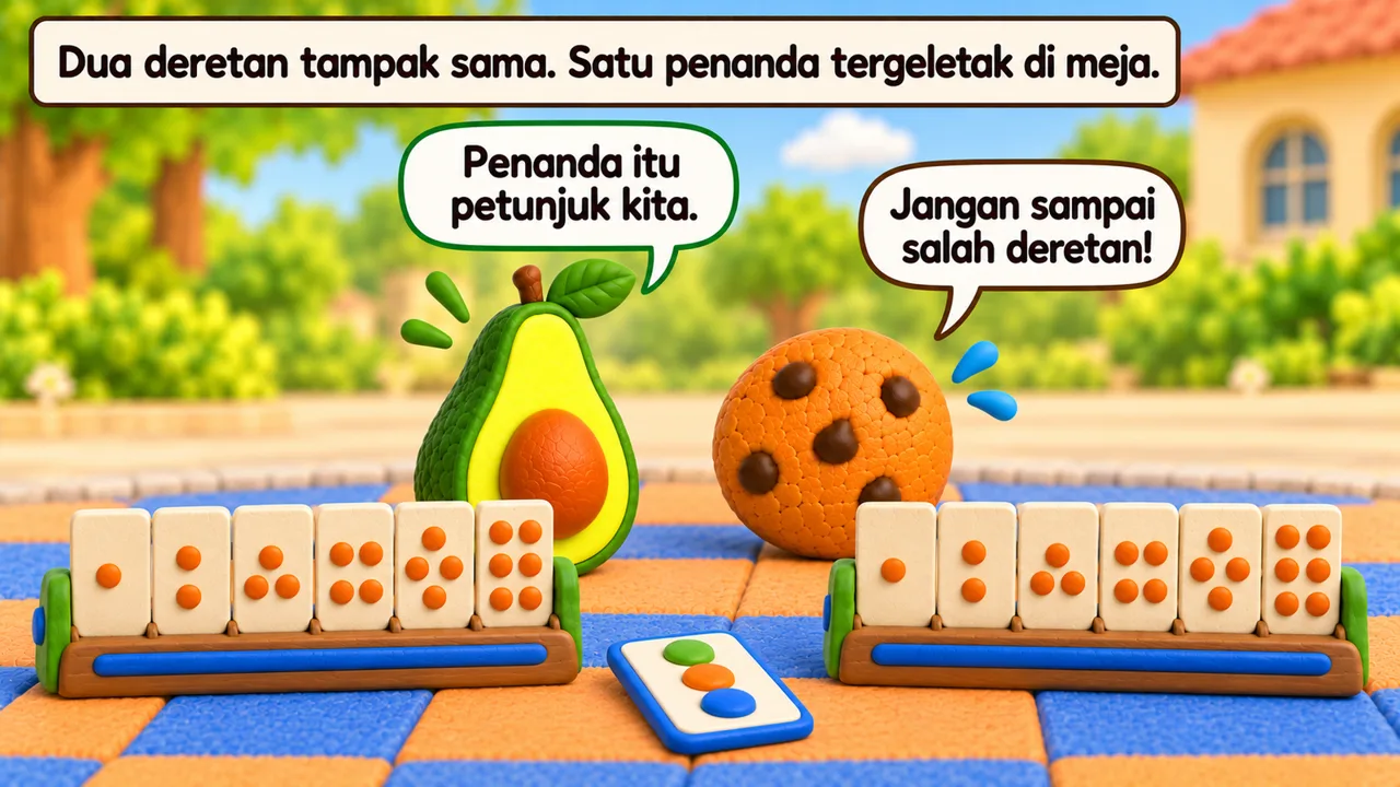 Frame 1 level 3: Dua deretan tampak sama. Satu penanda tergeletak di meja. Penanda itu petunjuk kita. Jangan sampai salah deretan!