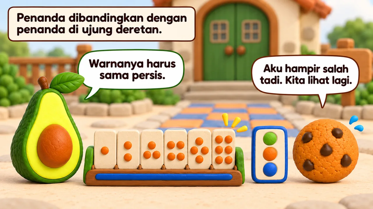 Frame 2 level 3: Penanda dibandingkan dengan penanda di ujung deretan. Warnanya harus sama persis. Aku hampir salah tadi. Kita lihat lagi.