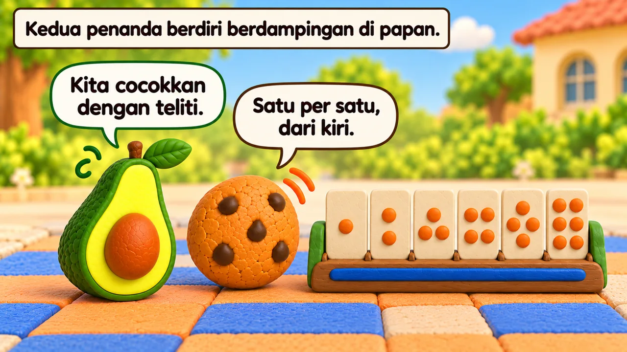 Frame 3 level 3: Kedua penanda berdiri berdampingan di papan. Kita cocokkan dengan teliti. Satu per satu, dari kiri.