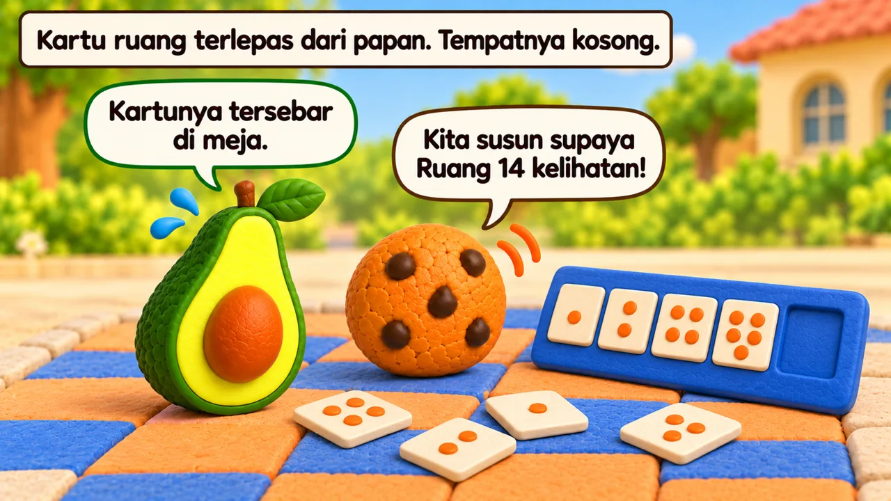 Frame 1 level 4: Kartu ruang terlepas dari papan. Tempatnya kosong. Kartunya tersebar di meja. Kita susun supaya Ruang 14 kelihatan!