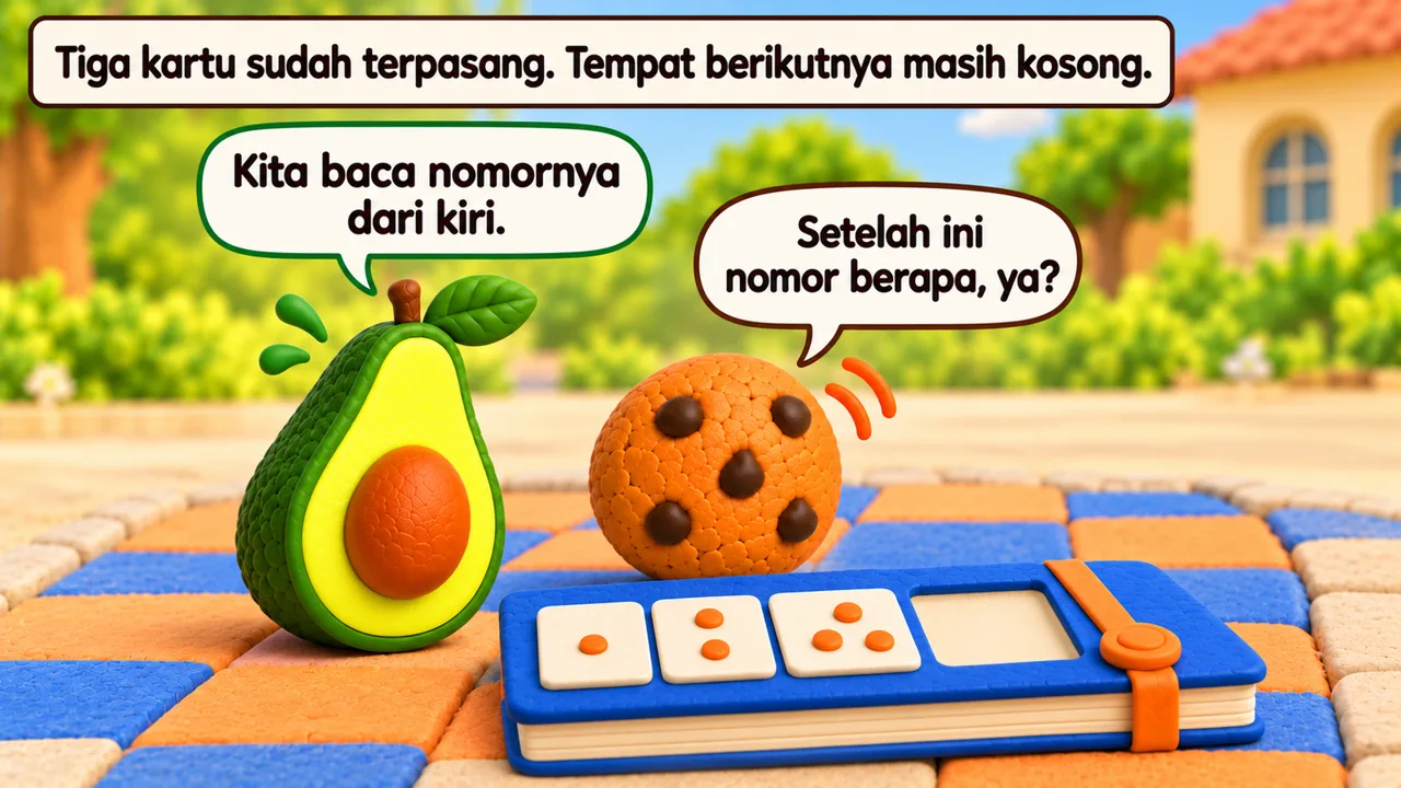 Frame 2 level 4: Tiga kartu sudah terpasang. Tempat berikutnya masih kosong. Kita baca nomornya dari kiri. Setelah ini nomor berapa, ya?