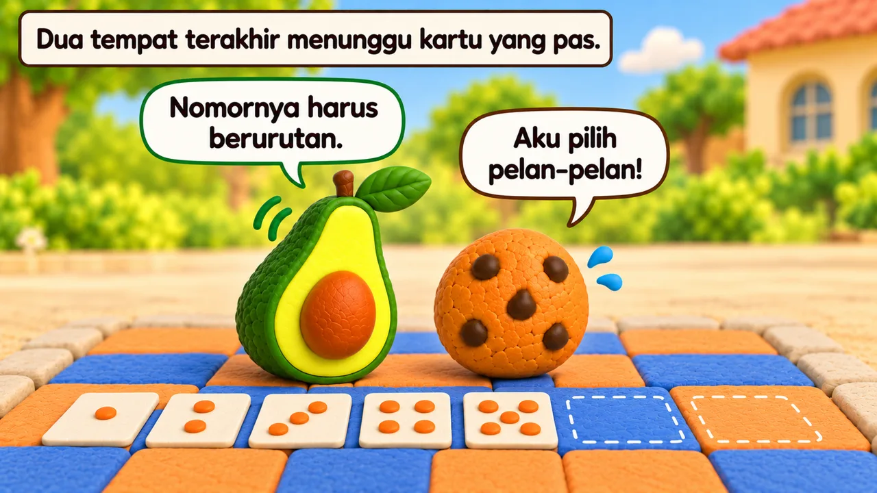 Frame 3 level 4: Dua tempat terakhir menunggu kartu yang pas. Nomornya harus berurutan. Aku pilih pelan-pelan!