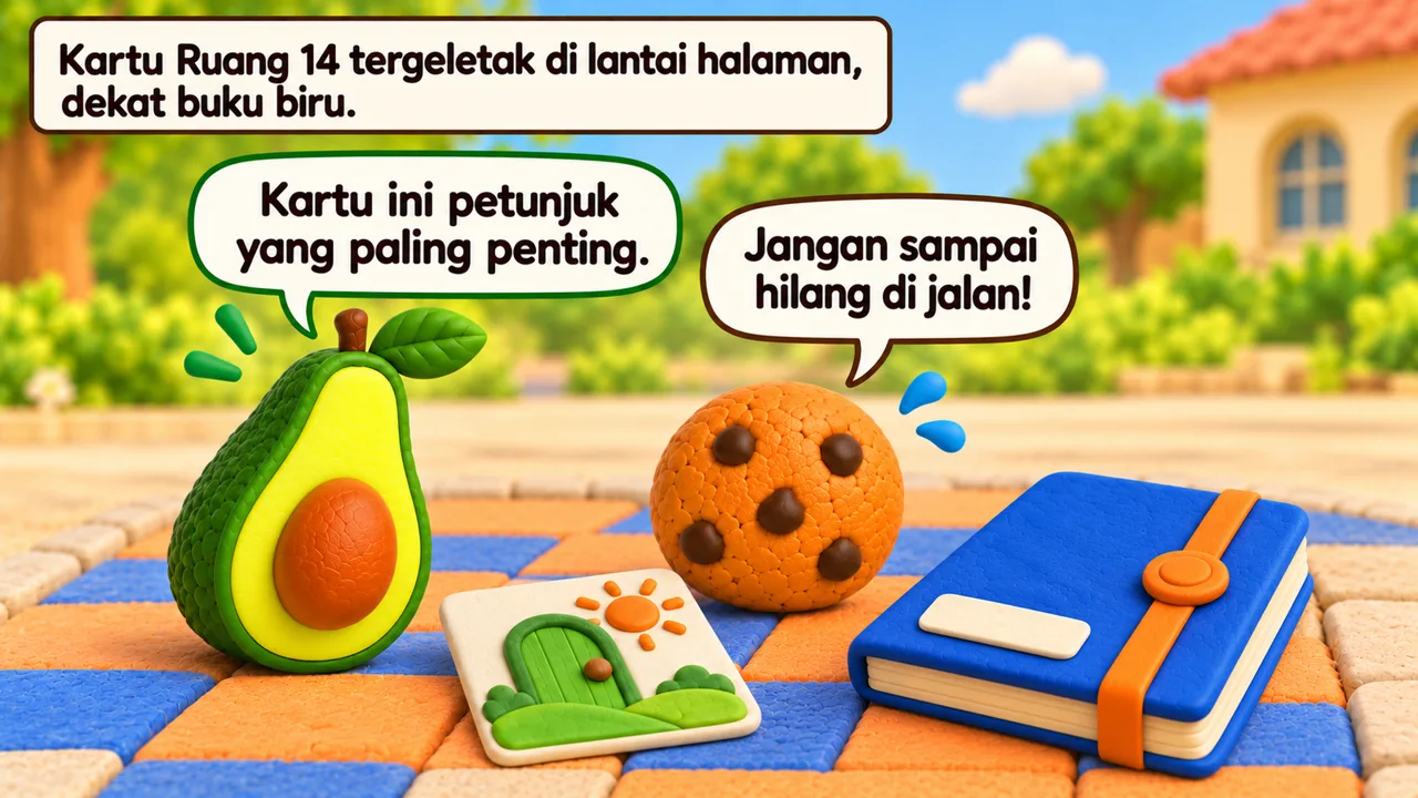 Frame 1 level 5: Kartu Ruang 14 tergeletak di lantai halaman, dekat buku biru. Kartu ini petunjuk yang paling penting. Jangan sampai hilang di jalan!