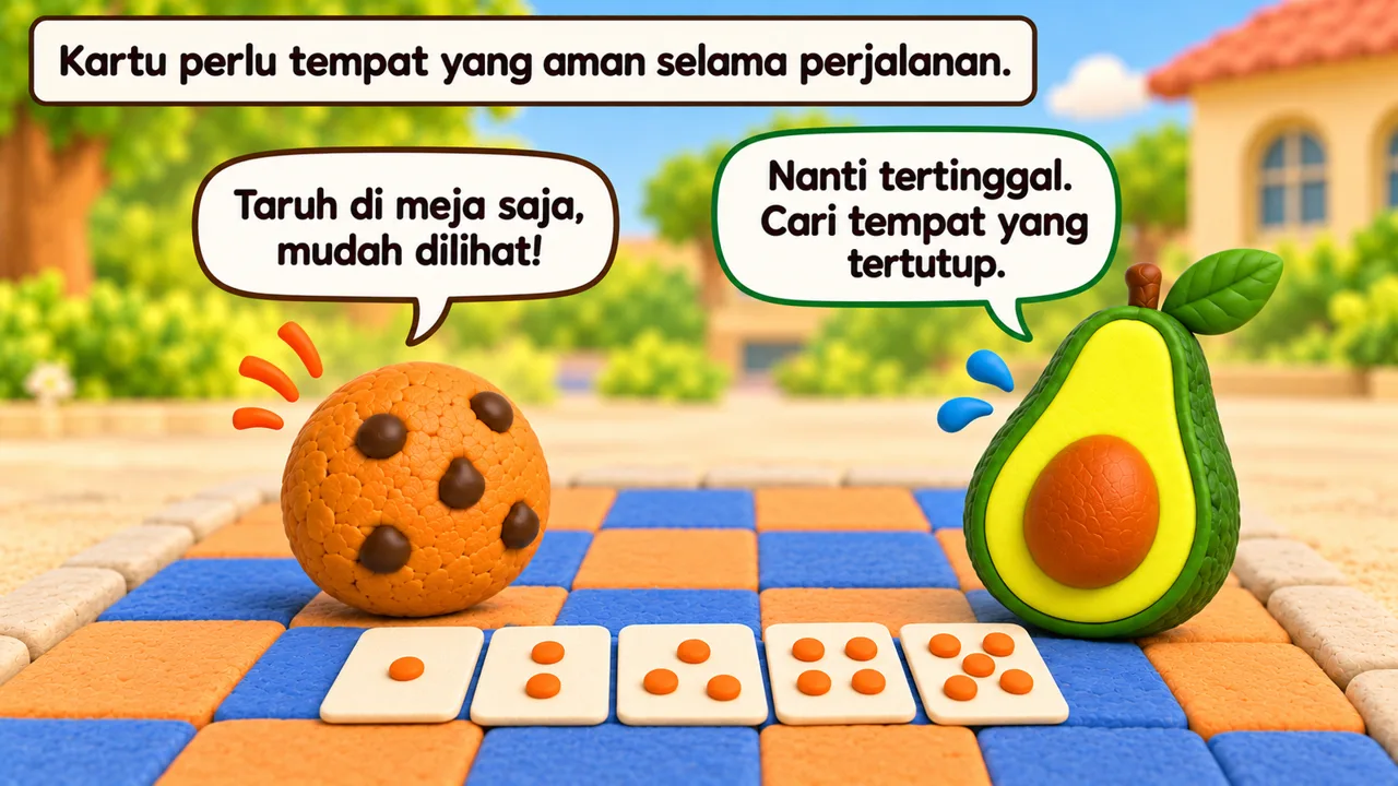 Frame 2 level 5: Kartu perlu tempat yang aman selama perjalanan. Taruh di meja saja, mudah dilihat! Nanti tertinggal. Cari tempat yang tertutup.