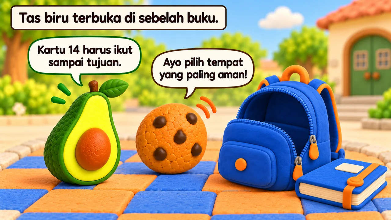 Frame 3 level 5: Tas biru terbuka di sebelah buku. Kartu 14 harus ikut sampai tujuan. Ayo pilih tempat yang paling aman!
