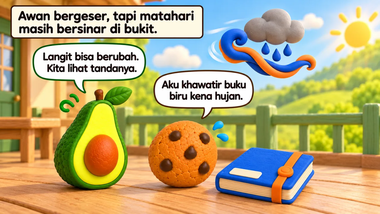 Frame 1 level 1: Awan bergeser, tapi matahari masih bersinar di bukit. Langit bisa berubah. Kita lihat tandanya. Aku khawatir buku biru kena hujan.