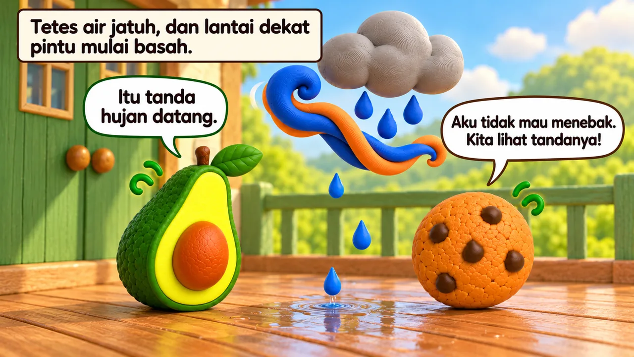 Frame 2 level 1: Tetes air jatuh, dan lantai dekat pintu mulai basah. Itu tanda hujan datang. Aku tidak mau menebak. Kita lihat tandanya!