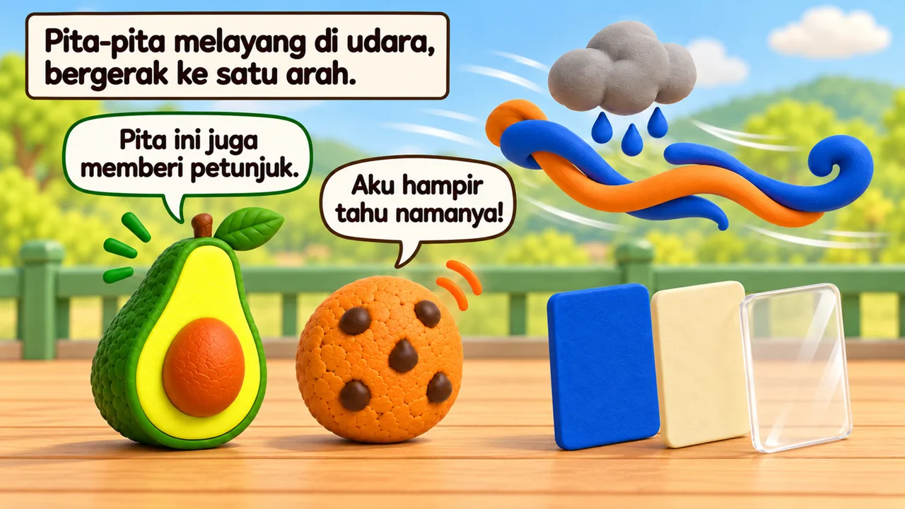 Frame 3 level 1: Pita-pita melayang di udara, bergerak ke satu arah. Pita ini juga memberi petunjuk. Aku hampir tahu namanya!