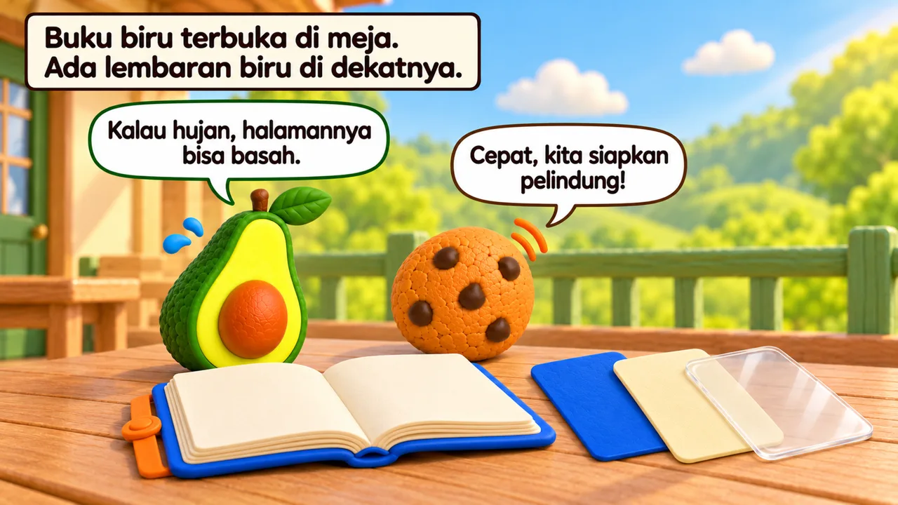 Frame 1 level 2: Buku biru terbuka di meja. Ada lembaran biru di dekatnya. Kalau hujan, halamannya bisa basah. Cepat, kita siapkan pelindung!