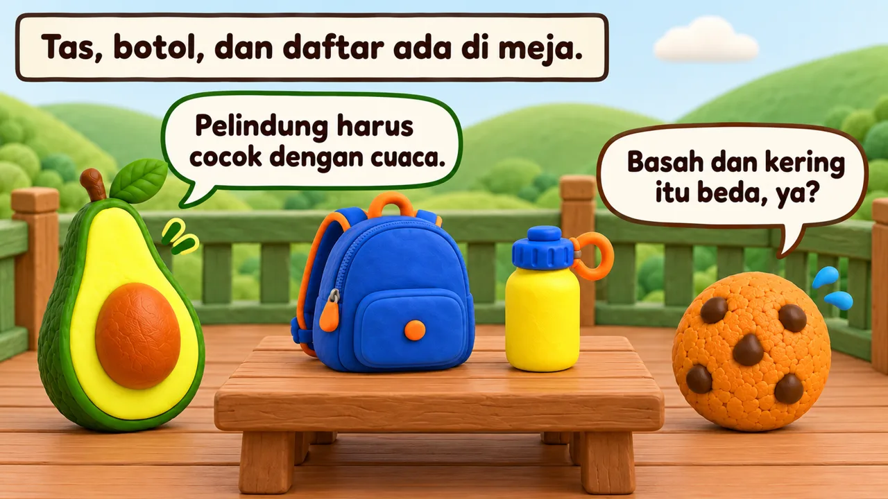 Frame 2 level 2: Tas, botol, dan daftar ada di meja. Pelindung harus cocok dengan cuaca. Basah dan kering itu beda, ya?