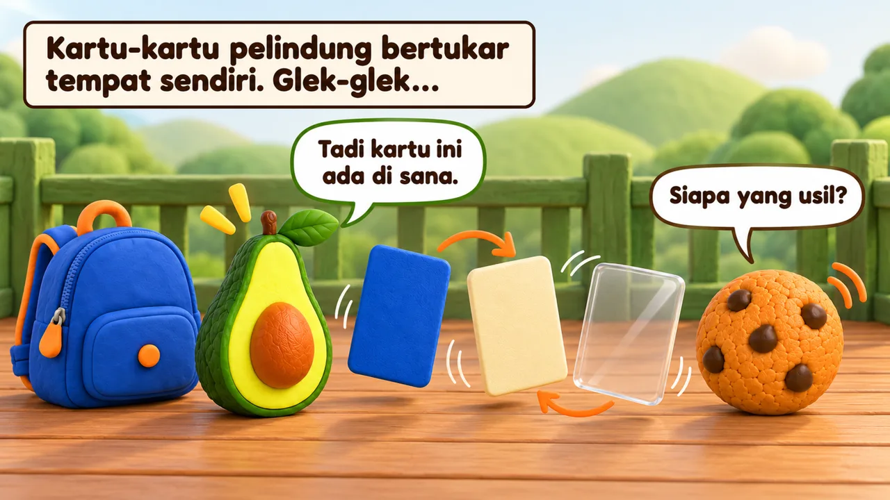 Frame 3 level 2: Kartu-kartu pelindung bertukar tempat sendiri. Glek-glek… Tadi kartu ini ada di sana. Siapa yang usil?