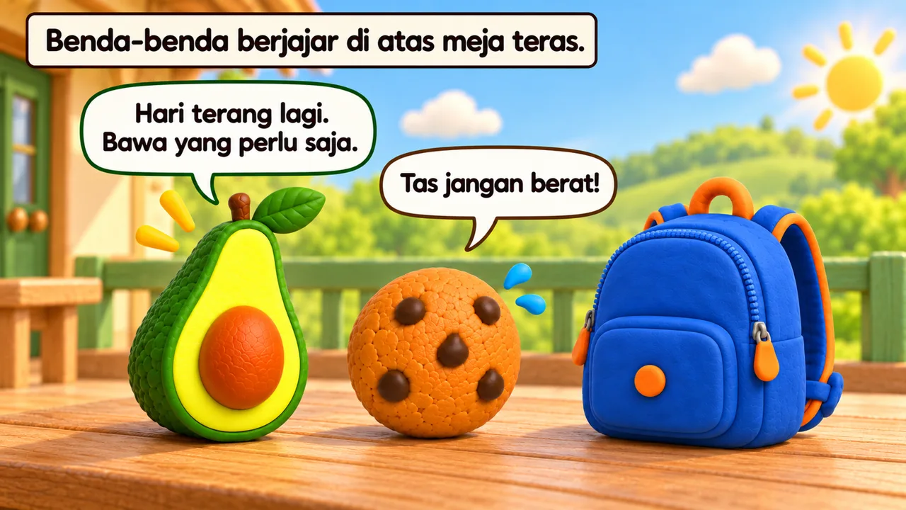 Frame 1 level 3: Benda-benda berjajar di atas meja teras. Hari terang lagi. Bawa yang perlu saja. Tas jangan berat!