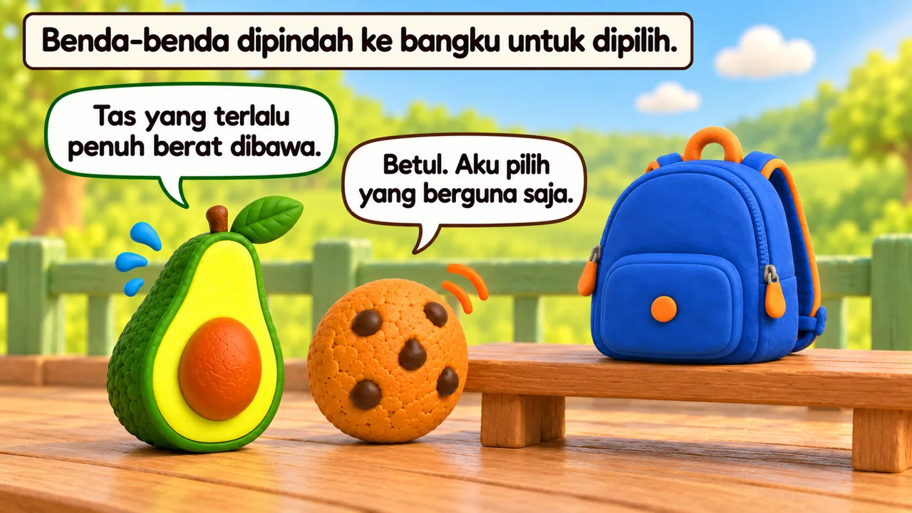 Frame 2 level 3: Benda-benda dipindah ke bangku untuk dipilih. Tas yang terlalu penuh berat dibawa. Betul. Aku pilih yang berguna saja.