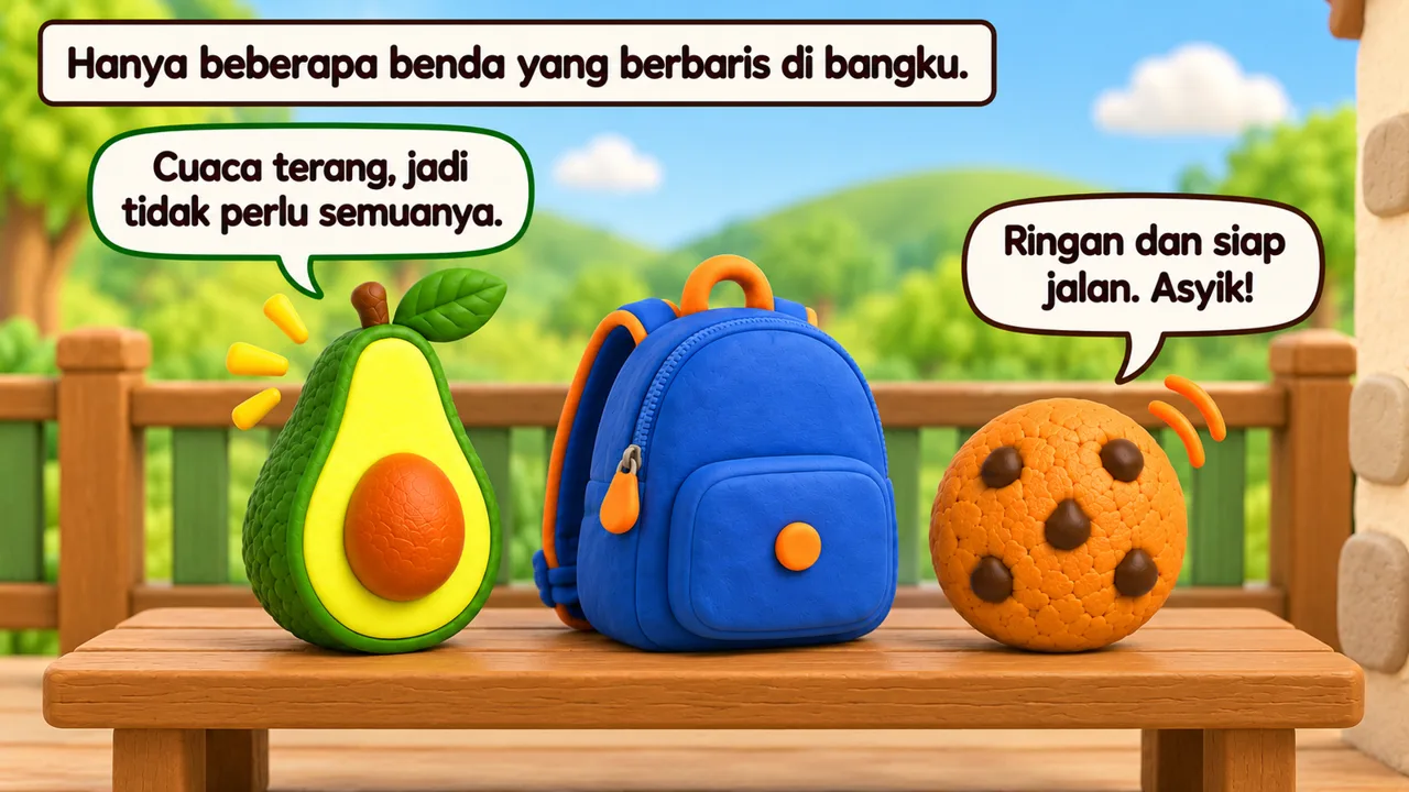 Frame 3 level 3: Hanya beberapa benda yang berbaris di bangku. Cuaca terang, jadi tidak perlu semuanya. Ringan dan siap jalan. Asyik!