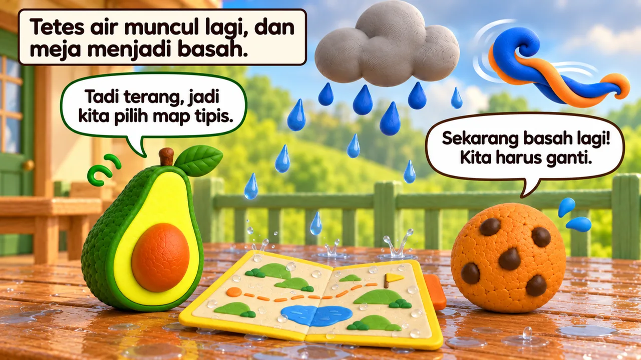 Frame 1 level 4: Tetes air muncul lagi, dan meja menjadi basah. Tadi terang, jadi kita pilih map tipis. Sekarang basah lagi! Kita harus ganti.