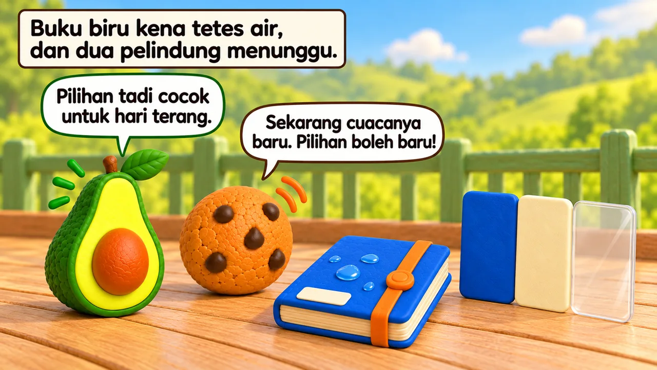 Frame 2 level 4: Buku biru kena tetes air, dan dua pelindung menunggu. Pilihan tadi cocok untuk hari terang. Sekarang cuacanya baru. Pilihan boleh baru!