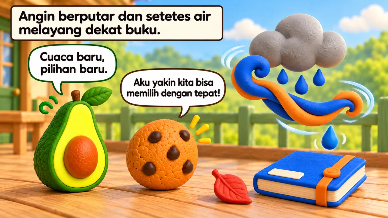 Frame 3 level 4: Angin berputar dan setetes air melayang dekat buku. Cuaca baru, pilihan baru. Aku yakin kita bisa memilih dengan tepat!