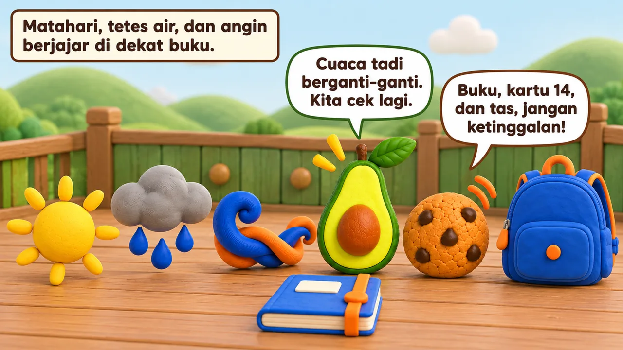 Frame 1 level 5: Matahari, tetes air, dan angin berjajar di dekat buku. Cuaca tadi berganti-ganti. Kita cek lagi. Buku, kartu 14, dan tas, jangan ketinggalan!