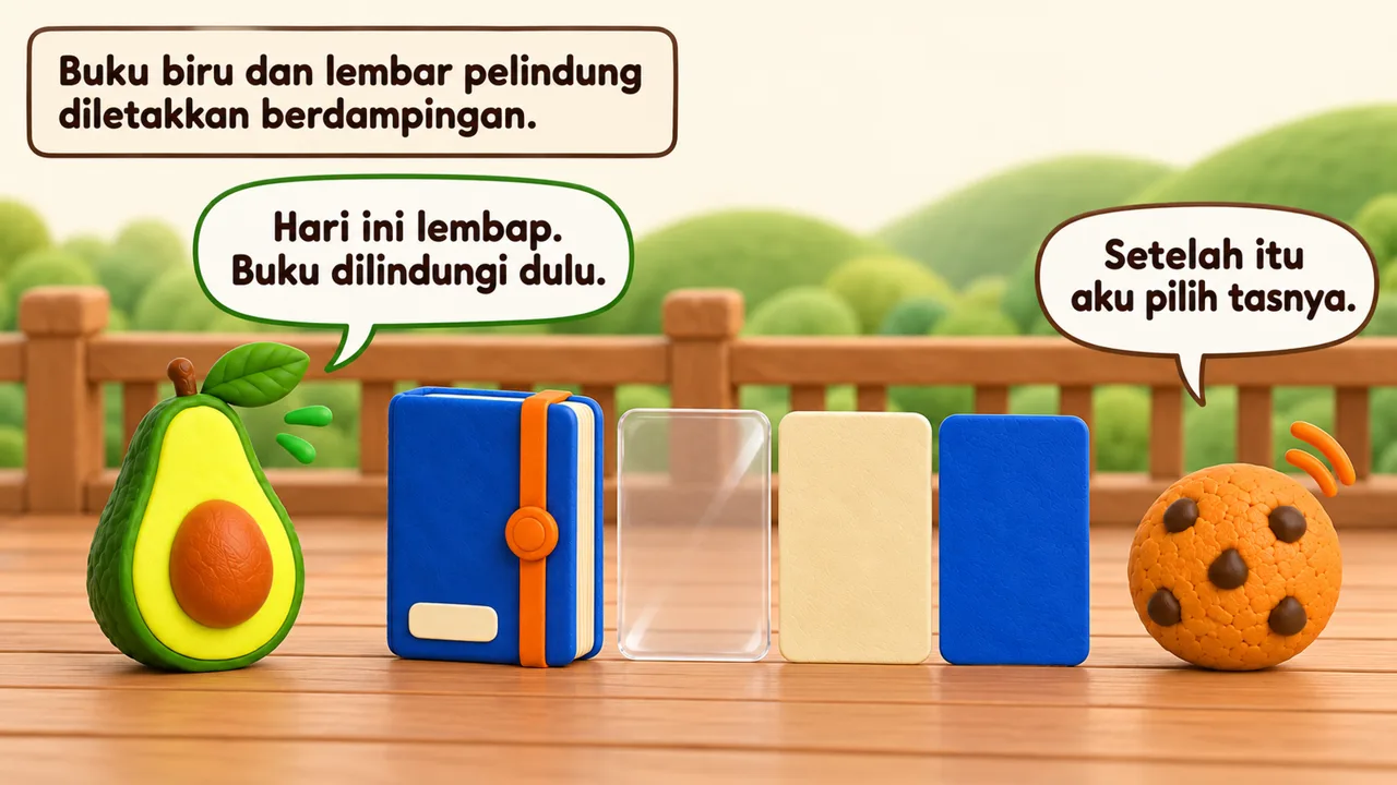 Frame 2 level 5: Buku biru dan lembar pelindung diletakkan berdampingan. Hari ini lembap. Buku dilindungi dulu. Setelah itu aku pilih tasnya.