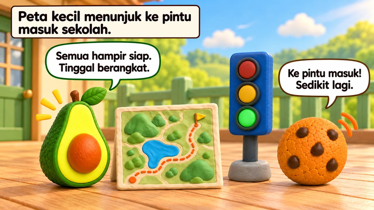 Frame 3 level 5: Peta kecil menunjuk ke pintu masuk sekolah. Semua hampir siap. Tinggal berangkat. Ke pintu masuk! Sedikit lagi.