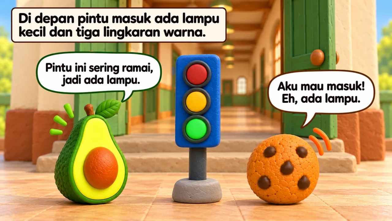Frame 1 level 1: Di depan pintu masuk ada lampu kecil dan tiga lingkaran warna. Pintu ini sering ramai, jadi ada lampu. Aku mau masuk! Eh, ada lampu.