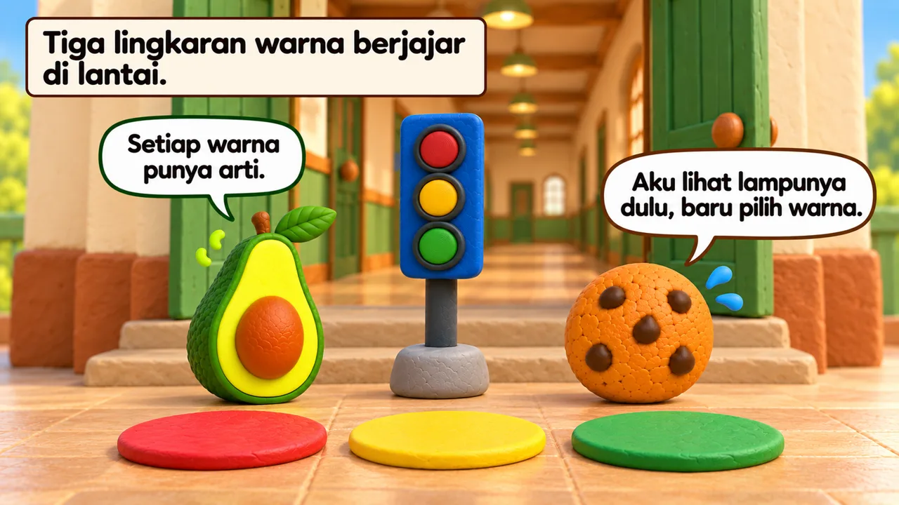 Frame 2 level 1: Tiga lingkaran warna berjajar di lantai. Setiap warna punya arti. Aku lihat lampunya dulu, baru pilih warna.