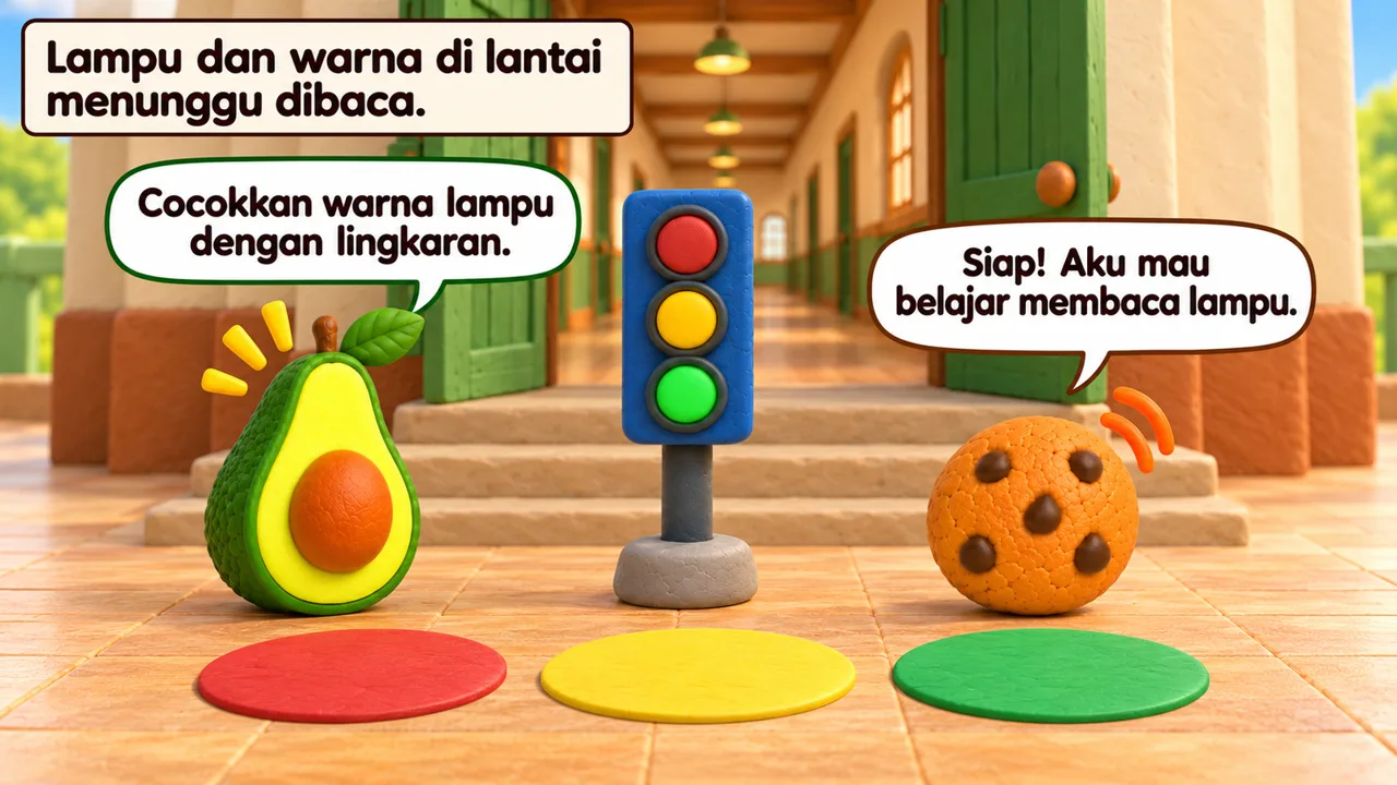 Frame 3 level 1: Lampu dan warna di lantai menunggu dibaca. Cocokkan warna lampu dengan lingkaran. Siap! Aku mau belajar membaca lampu.