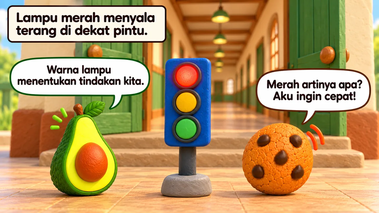 Frame 1 level 2: Lampu merah menyala terang di dekat pintu. Warna lampu menentukan tindakan kita. Merah artinya apa? Aku ingin cepat!
