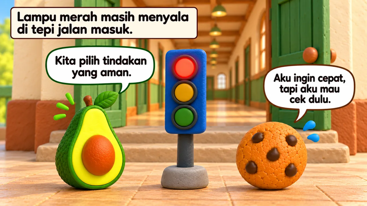 Frame 2 level 2: Lampu merah masih menyala di tepi jalan masuk. Kita pilih tindakan yang aman. Aku ingin cepat, tapi aku mau cek dulu.