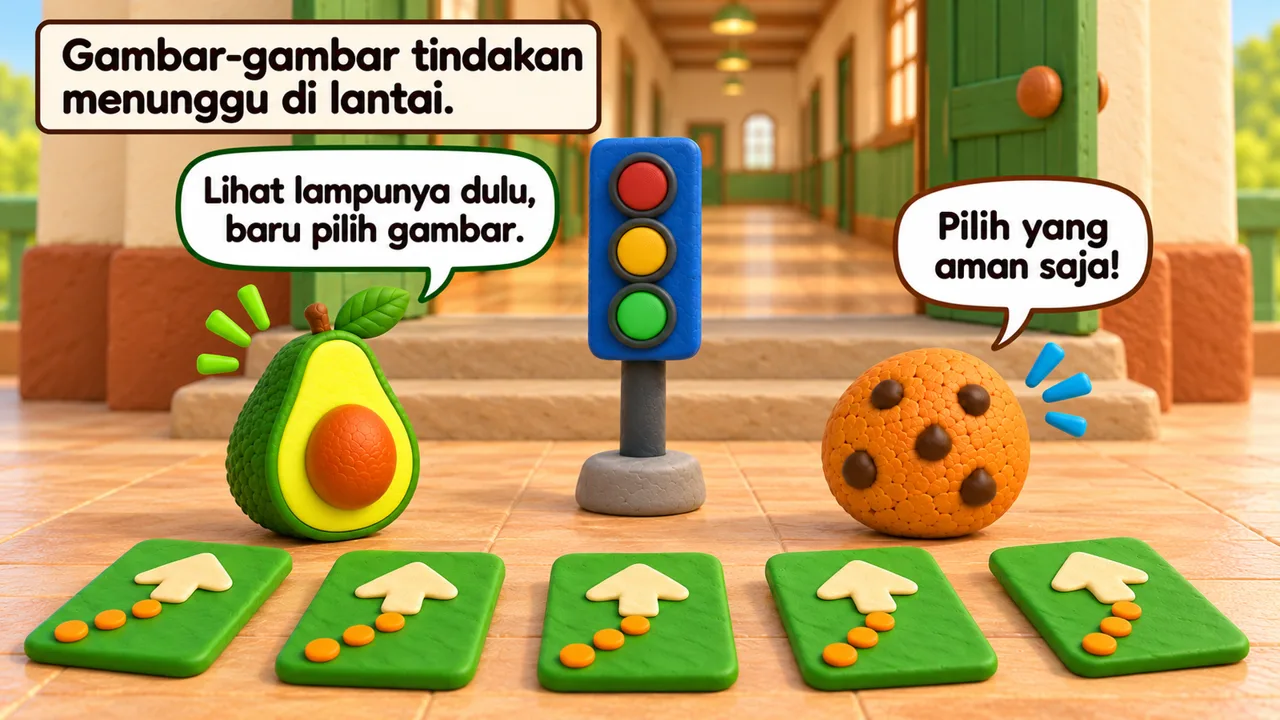 Frame 3 level 2: Gambar-gambar tindakan menunggu di lantai. Lihat lampunya dulu, baru pilih gambar. Pilih yang aman saja!
