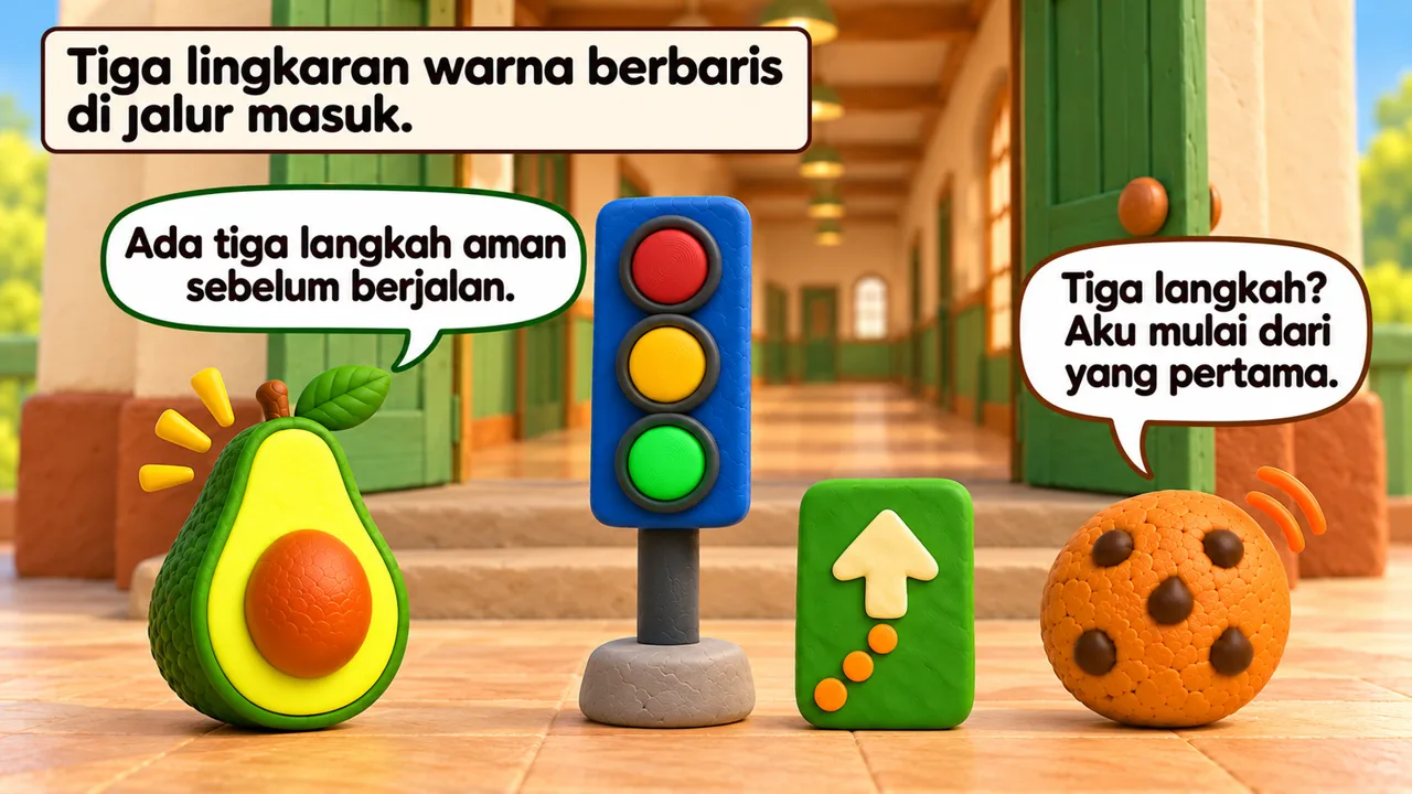 Frame 1 level 3: Tiga lingkaran warna berbaris di jalur masuk. Ada tiga langkah aman sebelum berjalan. Tiga langkah? Aku mulai dari yang pertama.