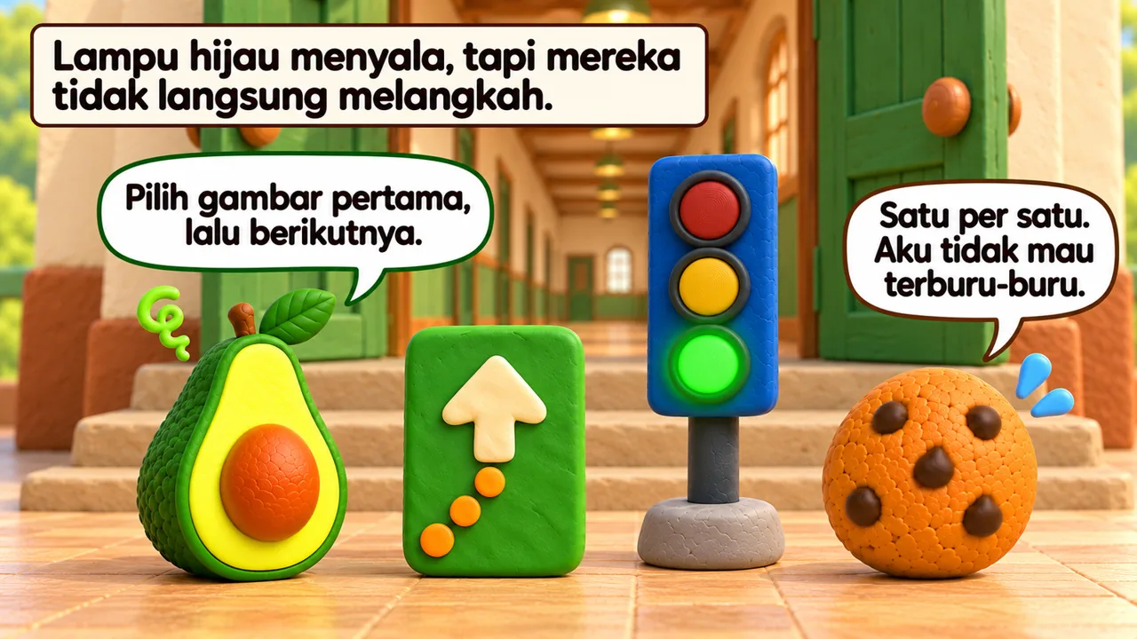 Frame 2 level 3: Lampu hijau menyala, tapi mereka tidak langsung melangkah. Pilih gambar pertama, lalu berikutnya. Satu per satu. Aku tidak mau terburu-buru.
