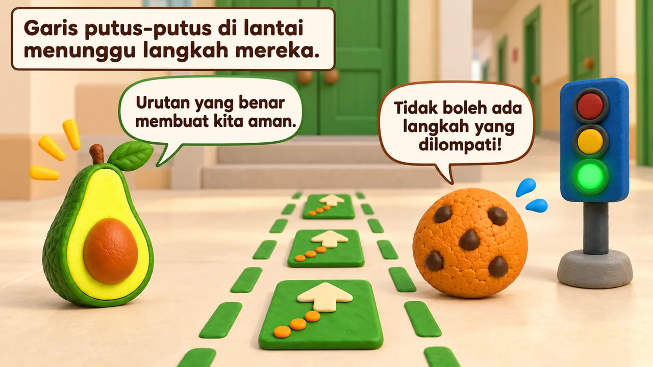 Frame 3 level 3: Garis putus-putus di lantai menunggu langkah mereka. Urutan yang benar membuat kita aman. Tidak boleh ada langkah yang dilompati!