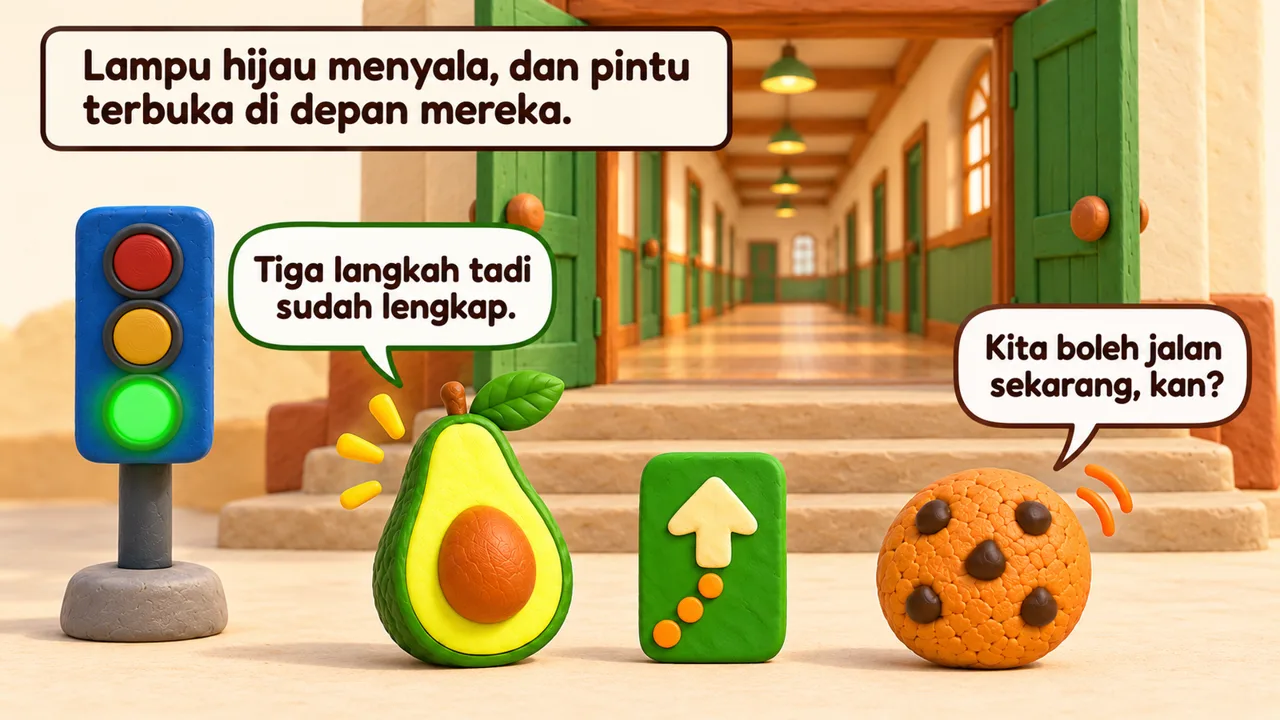 Frame 1 level 4: Lampu hijau menyala, dan pintu terbuka di depan mereka. Tiga langkah tadi sudah lengkap. Kita boleh jalan sekarang, kan?