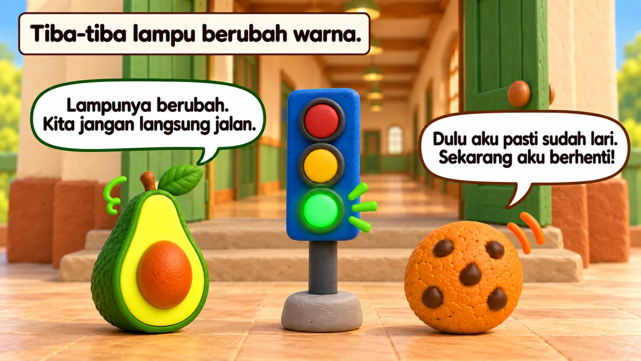 Frame 2 level 4: Tiba-tiba lampu berubah warna. Lampunya berubah. Kita jangan langsung jalan. Dulu aku pasti sudah lari. Sekarang aku berhenti!